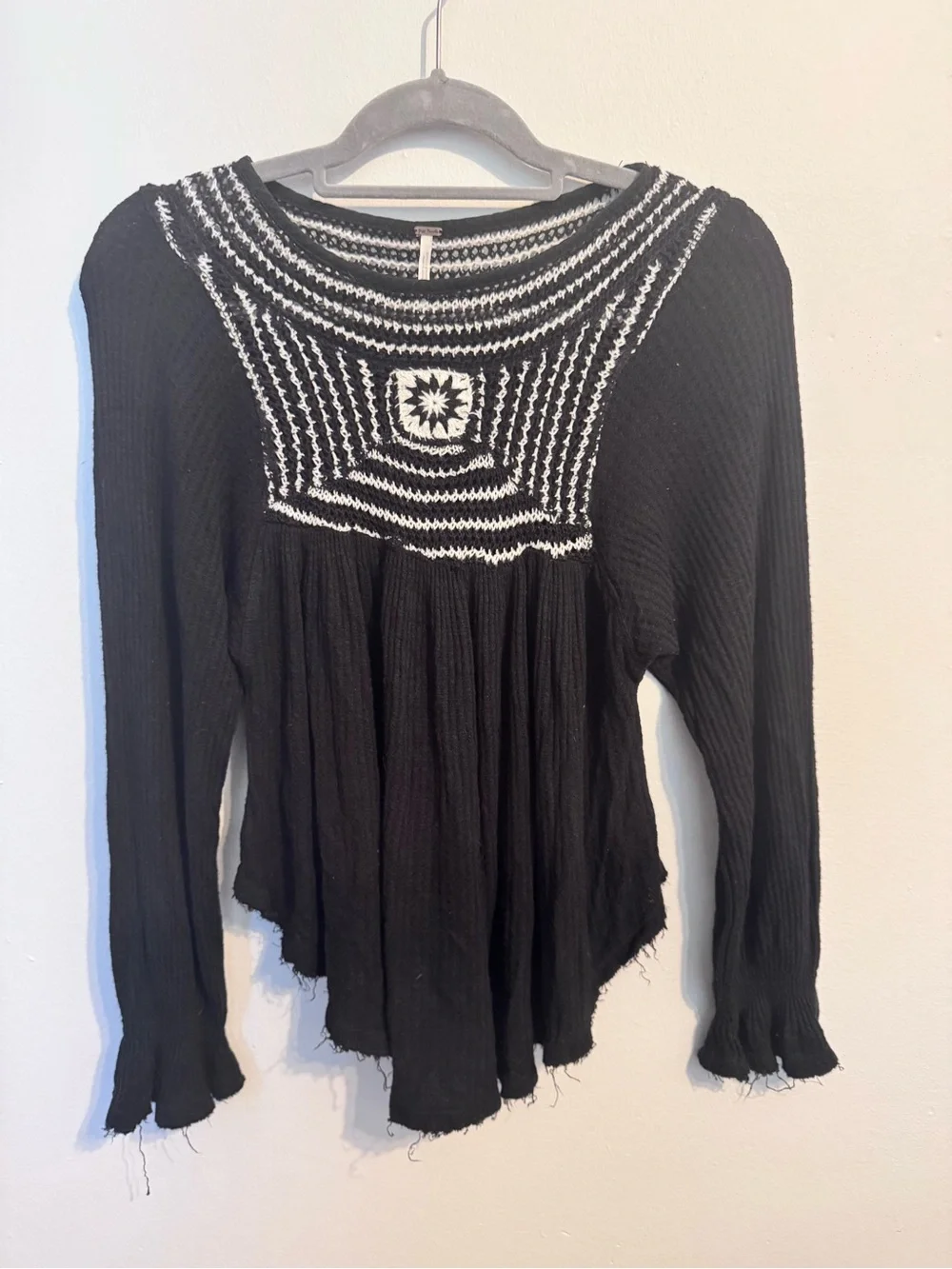 Free People Black & White Crochet Yoke Long Sleeve Top XS